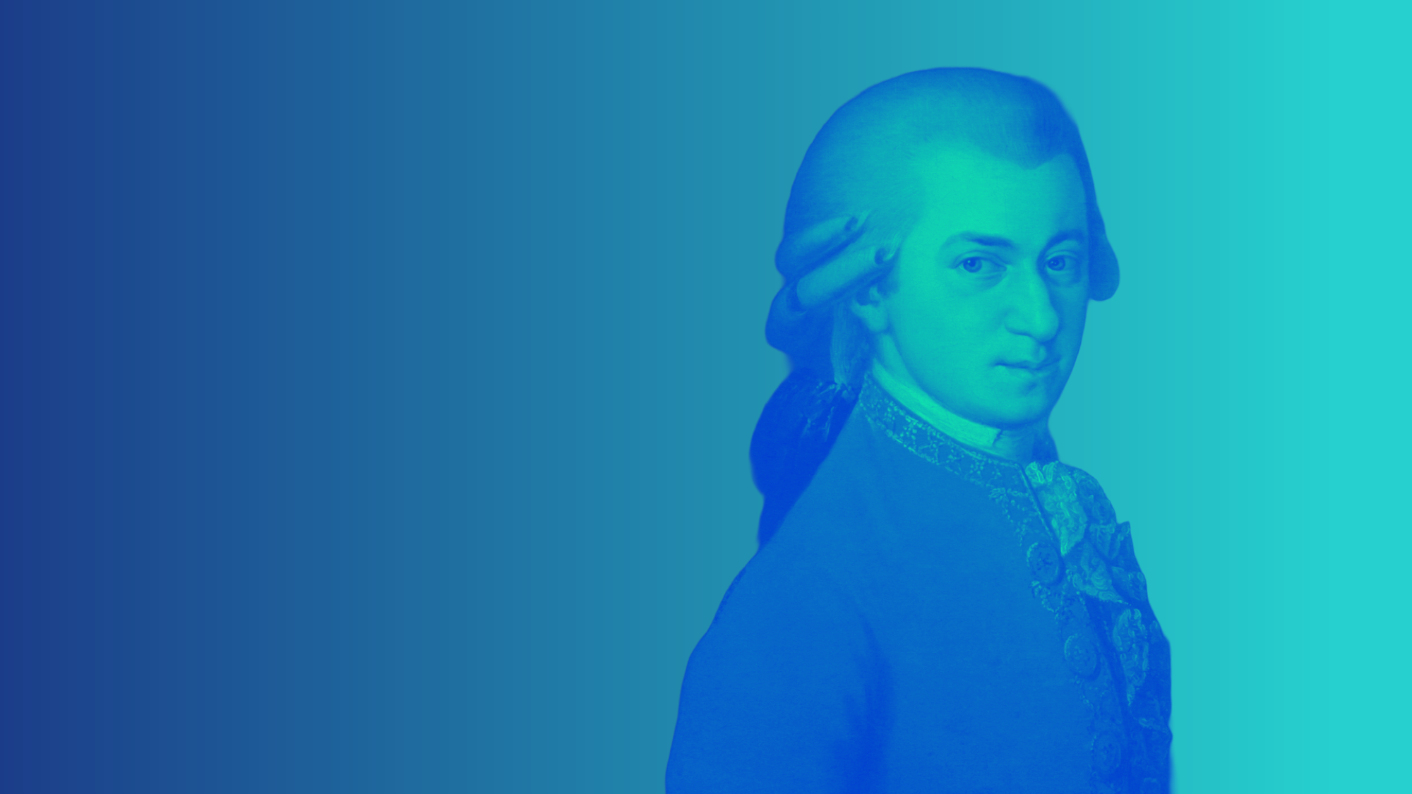 Grün-türkis eingefärbtes Bild von Wolfgang Amadeus Mozart.
