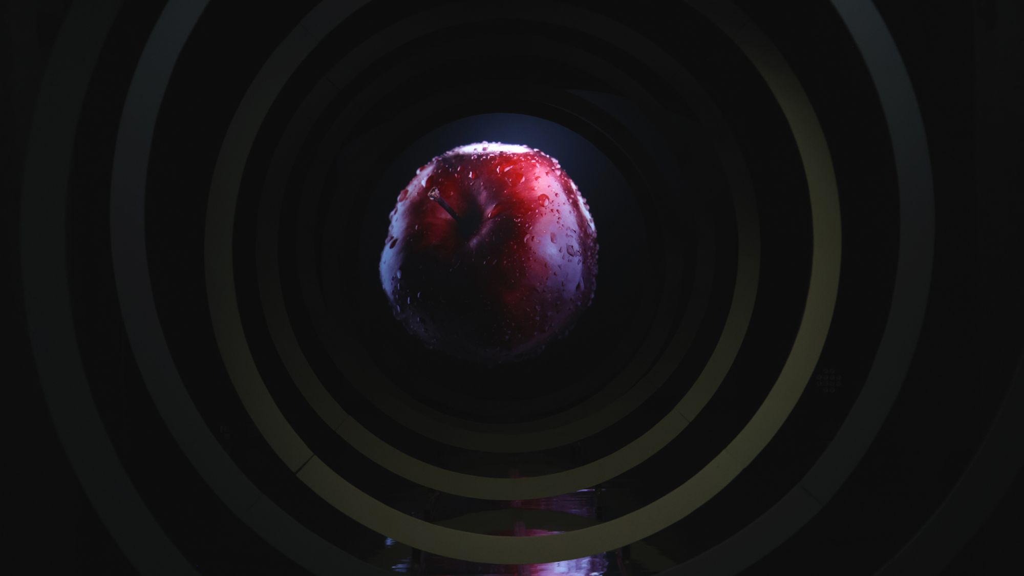 | | Kreise, die nach hinten hin immer kleiner werden, bilden eine Art Schlauch. In der Mitte befindet sich ein großer roter Apfel.