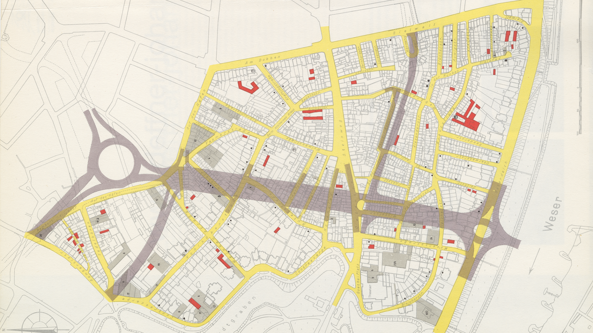 Historischer Stadtplan, mit eingezeichneter Vision der Mozarttrasse.