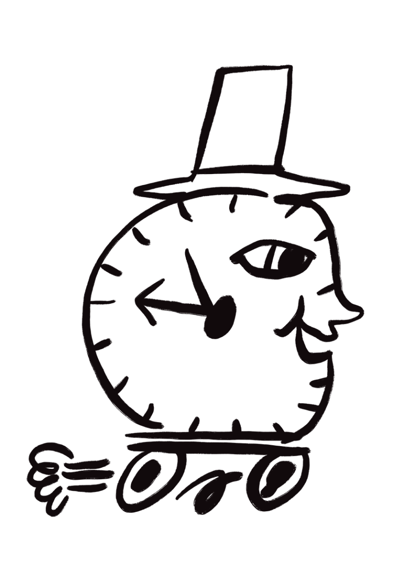 null | In 80 Tagen um die Welt für JDO Eine Uhr auf Rädern und mit Zylinder fährt rasant nach rechts.