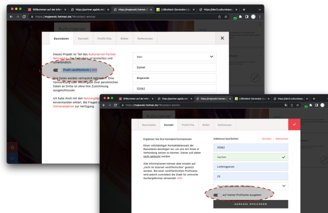 Sichtbarkeit der Kontaktdaten für das Internet festlegen