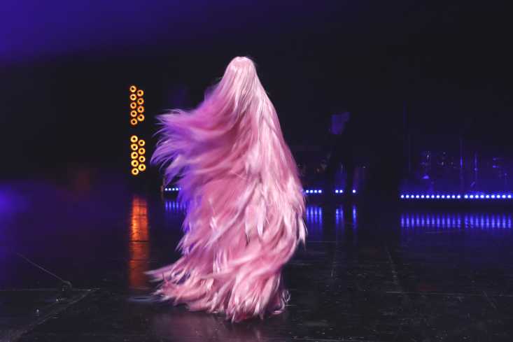 Auf der Mitte der Bühne tanzt eine Person in einem Ganzkörperkostüm aus pinkem, langem Fell. Ein Gesicht ist nicht zu erkennen, das Fell fliegt durch den Tanz in der Luft.