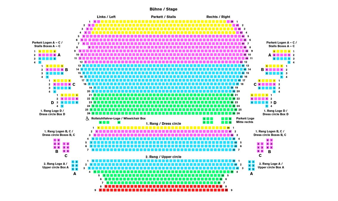 Sehen Sie oben den schematischen Saalplan des großen Saales mit den eingetragenen Preiskategorien