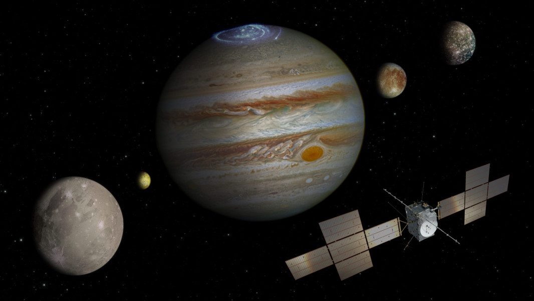Die Sonde Juice soll die Eismonde des Jupiter erkunden.   // © ESA   Die Sonde Juice soll die Eismonde des Jupiter erkunden.