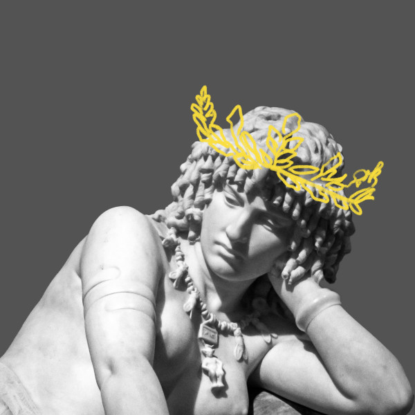Motiv: Giulio Cesare in Egitto - © Á. M. Felicísimo, R. Tromboukis, S. Kastl Über das Schwarzweißbild einer Mamorstatue der Kleopatra ist ein gelber Lorbeerkranz gezeichnet.