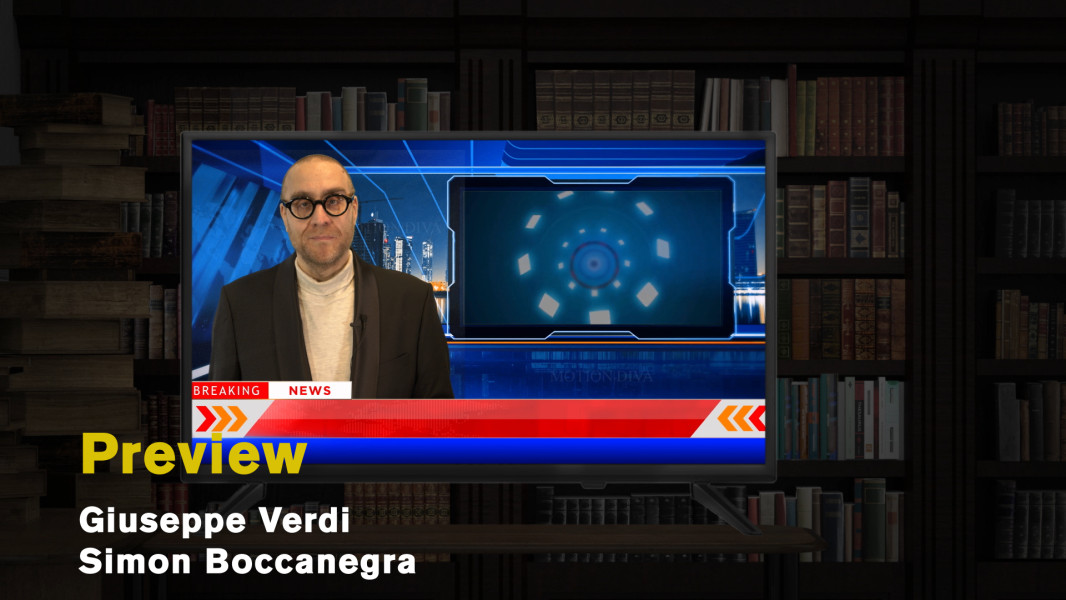 Neues aus Genua: Simon Boccanegra - © Ruth Tromboukis Auf dem Standbild ist vor einer dunklen Bücherwand der Screen eines Fernsehers. Ein Nachrichtensprecher präsentiert Neuigkeiten aus Genua.