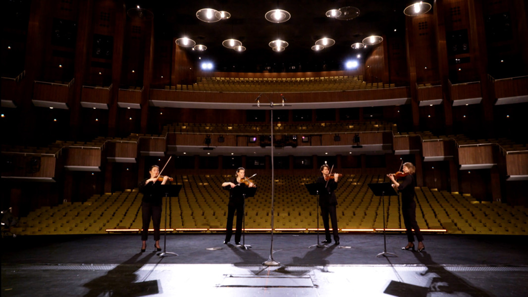 Dieses Bild ist das Standbild zu einem Video, in dem ein Streichquartett die berühmtesten Arien aus der ZAUBERFLÖTE spielt. Vier Musiker*innen stehen mit dem Rücken zum leeren Saal auf der Bühne der Deutschen Oper Berlin.