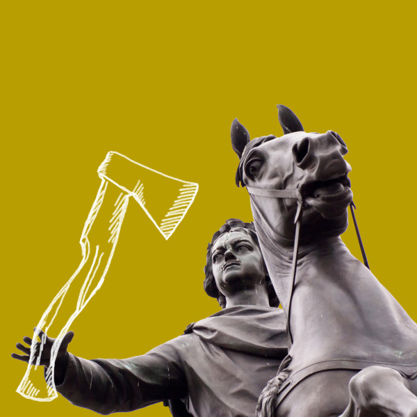 Motiv: Zar und Zimmermann - © Ruth Tromboukis, Sandra Kastl Ein Schwarzweiß-Bild einer Reiterstatue de Zaren Peter des Großen. In seine nach oben weisende Hande ist eine Axt als Symbol der Zimmermannskunst gezeichnet.