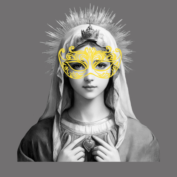 Motiv: Violanta - © Ruth Tromboukis, Sandra Kastl Über das Schwarzweiß-Bild einer Madonna ist eine gelbe venezianische Maske gezeichnet.