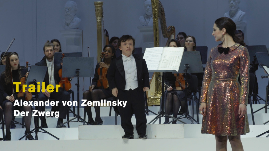 Dieses Bild ist das Standbild zum Videotrailer zu Tobias Kratzers Inszenierung zu Zemlinskys DER ZWERG. Die Prinzessin in einem rosafarbenen Paillettenkleid blickt auf ihr Geschenk, einen Zwerg. Dieser steht als Dirigent vor einem Orchester, um ihr sein "Lied von der blutenden Orange" als Geburtstagsständchen zu bringen.