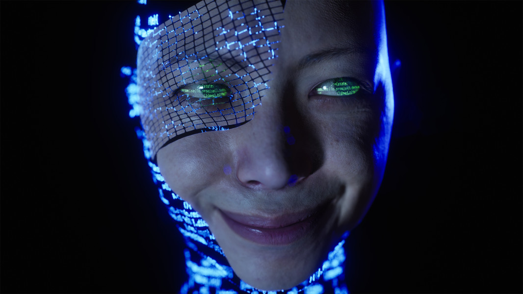 Dieses Foto zeigt eine erste Impression aus BETA. Das Avatar der KI Lou mit Platinen über dem Gesicht und grünen Buchstaben über grünen Kontaktlinsen.