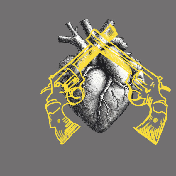 Motiv: Fedora - © Ruth Tromboukis, Sandra Kastl Über das Schwarzweiß-Bild eines anatomischen Herzens sind zwei gekreuzte Pistolen in gelb gezeichnet.
