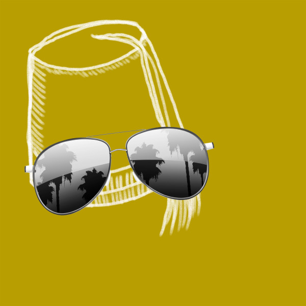 Motiv: L'Italiana in Algeri - © Ruth Tromboukis, Sandra Kastl Über einem mit weiß gezeichneten Fes ist das Schwarzweiß-Bild einer Sonnenbrille mit Palmen als Spiegelungen in den getönten Gläsern.