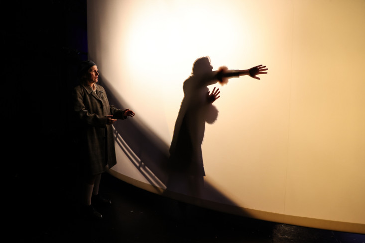 Eine Schauspielerin steht vor einer Leinwand. Durch diese hindurch ist der Schattenriss einer anderen Person sichtbar. Eine Schauspielerin steht vor einer Leinwand. Durch diese hindurch ist der Schattenriss einer anderen Person sichtbar.