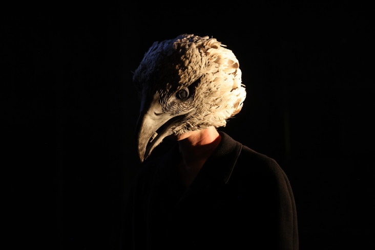 Eine Person mit einem großen Vogelkopf auf dem Kopf. Eine Person mit einem großen Vogelkopf auf dem Kopf.