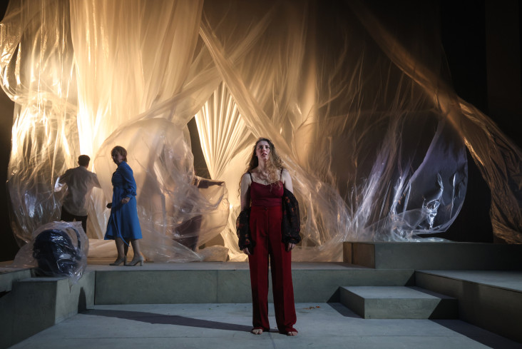 Die Bühne ist mit Folien verhangen. Die werden von hinten angestrahlt. In der Mitte der Bühne steht eine Schauspielerin. Sie ist ganz rot gekleidet. Die Bühne ist mit Folien verhangen. Die werden von hinten angestrahlt. In der Mitte der Bühne steht eine Schauspielerin. Sie ist ganz rot gekleidet.