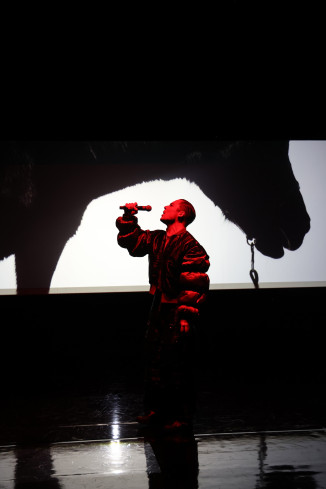 Ein Schauspieler hält ein Mikrofon in der Hand. Im Hintergrund ist ein großes Pferd auf die Bühnenrückwand projiziert. Ein Schauspieler hält ein Mikrofon in der Hand. Im Hintergrund ist ein großes Pferd auf die Bühnenrückwand projiziert.