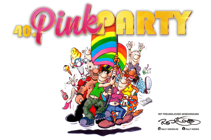 Viele Menschen in bunter Kleidung und einer Regenbogenfahne in der Hand stehen nah beieinander und lachen. Es handelt sich um eine comicähnliche Zeichnung. Der Slogan "40. Pink Party" steht darüber.