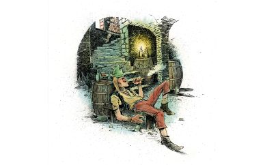 Die Prinzessin und der Taugenichts  | Lesen Sie im Blog Eine Zeichnung, die das Märchen illustriert: Lasso sitzt rauchende im Weinkeller seiner Mutter.