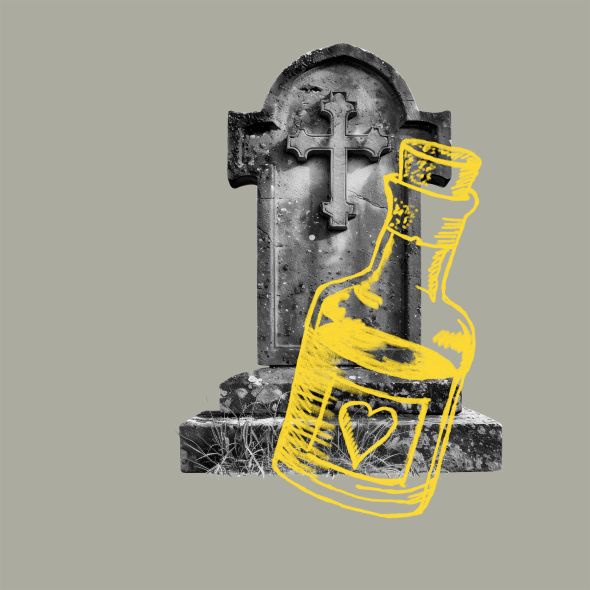 Tristan und Isolde  | Zu den Vorstellungen Auf ein Schwarzweiß-Bild eines Grabsteines ist ein Giftfläschchen in gelb gezeichnet.