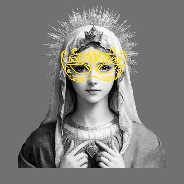 Violanta  | Zu den Vorstellungen Über das Schwarzweiß-Bild einer Madonna ist eine gelbe venezianische Maske gezeichnet.