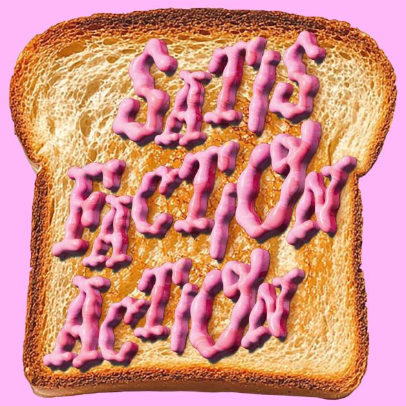 Satisfactionaction  | Zu den Vorstellungen Auf rosafarbenem Grund liegt eine Scheibe Toastbrot mit in rosa Zuckerfarbe geschriebenen Worten Satis-faction-action.