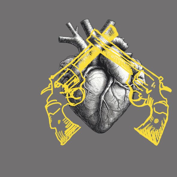 Fedora  | Zu den Vorstellungen Über das Schwarzweiß-Bild eines anatomischen Herzens sind zwei gekreuzte Pistolen in gelb gezeichnet.